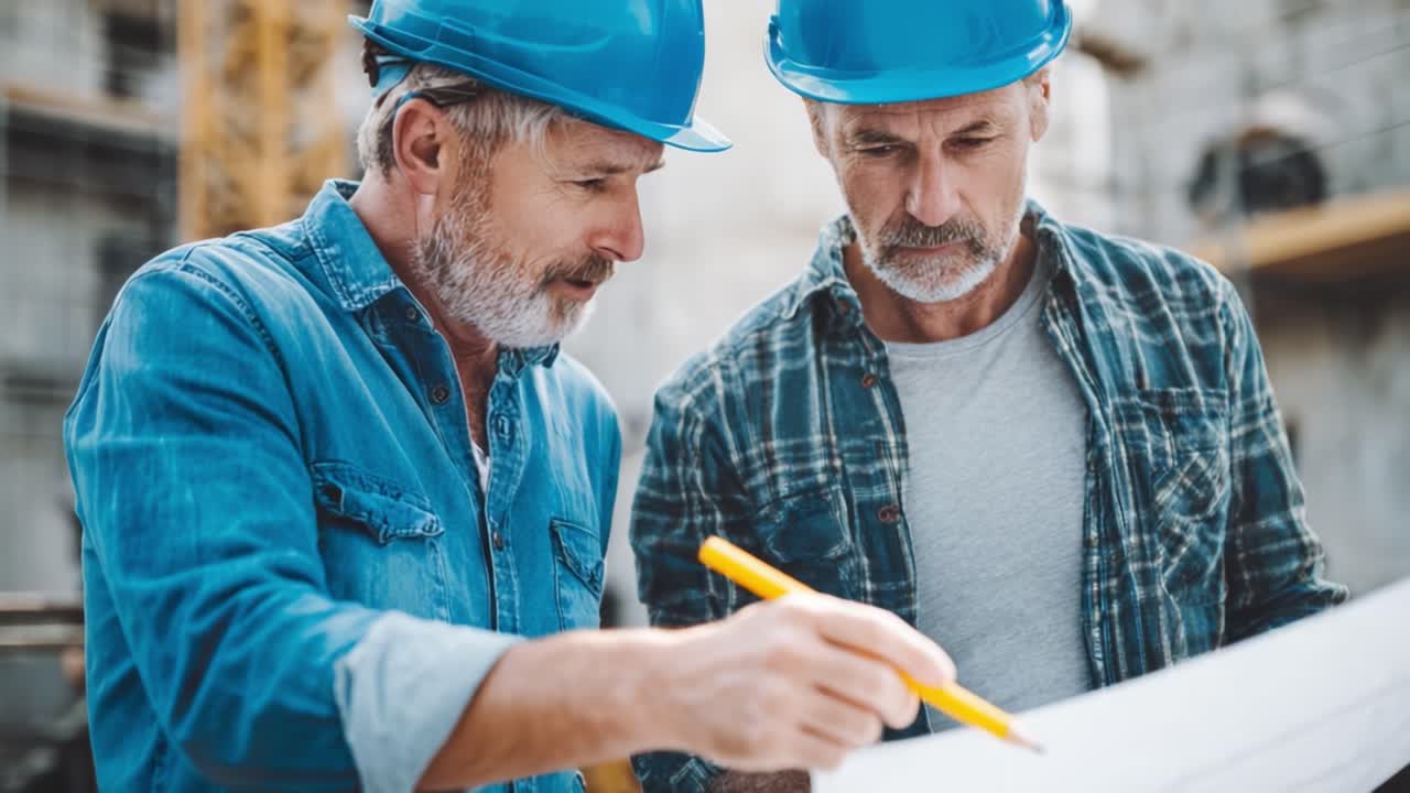 Twee professionals met veiligheidshelmen werken samen aan bouwplannen, tonen teamwork en expertise in een industriële omgeving tijdens een projectbespreking