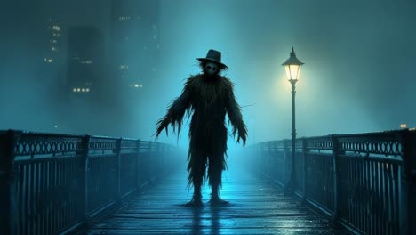 eerie figure in a foggy night scene walking along a deserted bridge illuminated by streetlight