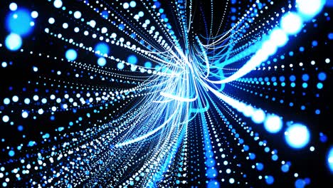 abstract 3d loop background with glowing particles lined up in curved lines in 3d space. festive vj loop with blue particles and smooth animated camera. motion design background