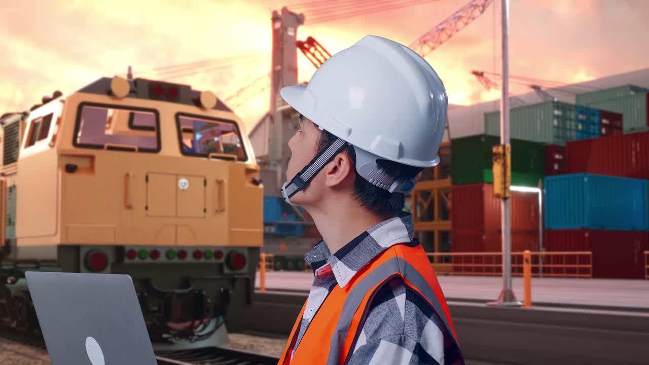 Worker using laptop at a port with train in background