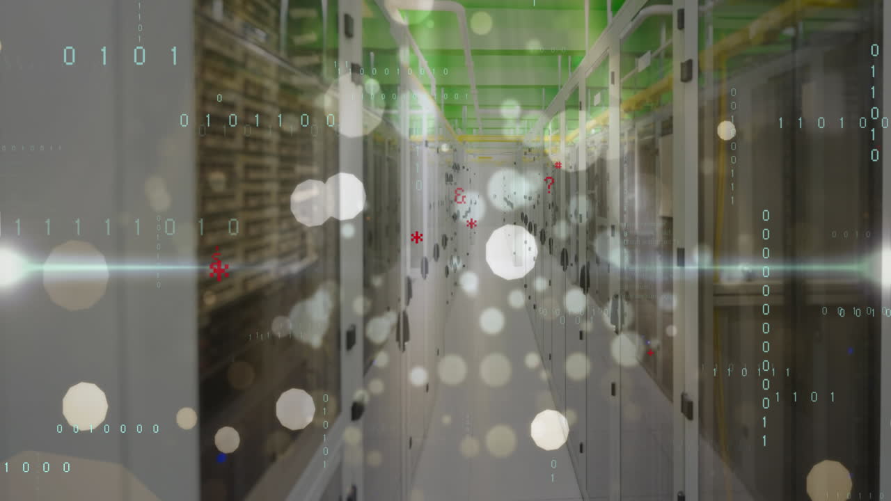 animación del procesamiento de datos, símbolos, puntos blancos y rastros de luz contra la sala del servidor informático