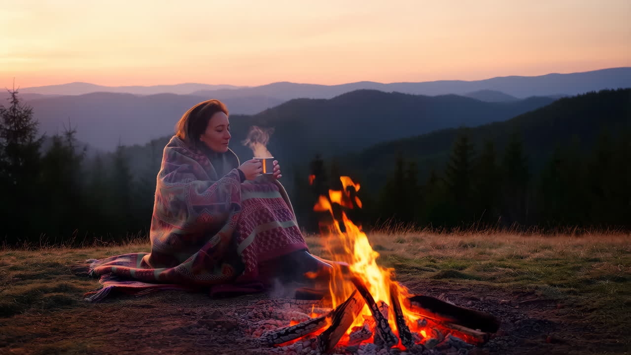 Woman Enjoying a Hot Drink by a Campfire at Sunset in the Mountains