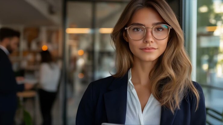 Confident businesswoman with glasses indoors