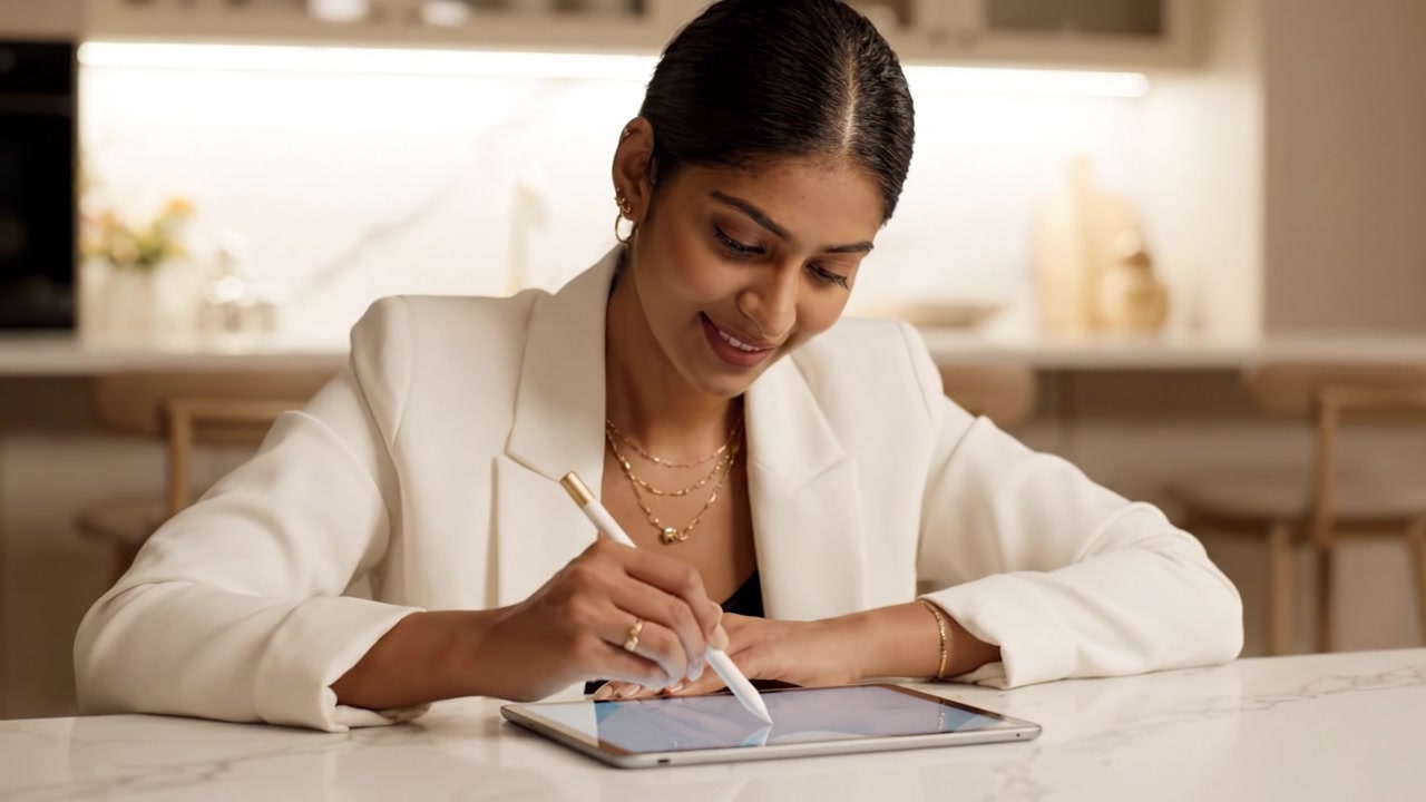 A focused woman engages in digital art creation using a stylus on a tablet, showcasing concentration and creativity in a modern kitchen environment.