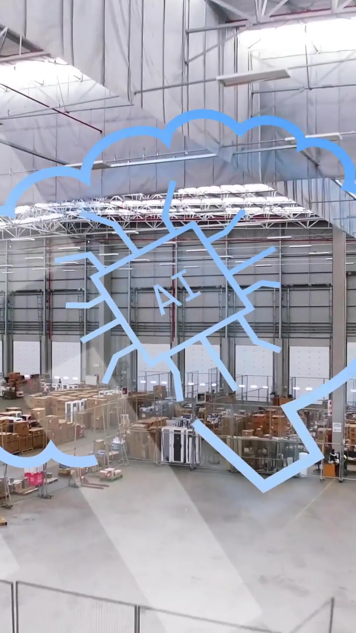Cloud storage animation over warehouse with boxes and packages