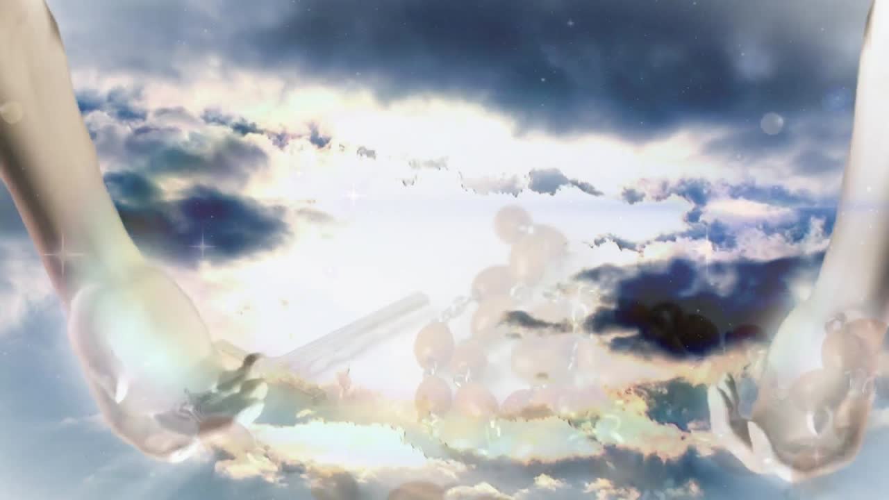 하늘에 두 손과 구름이  ⁇  표면에 떨어지는  ⁇ 주슬을 반대합니다.