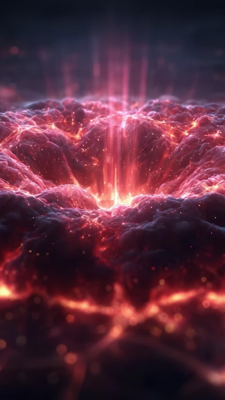 Una vista fascinante de un núcleo ardiente en erupción desde una formación de nubes arremolinadas, que muestra colores vibrantes y energía dinámica, evocando una sensación de asombro cósmico y brillantez explosiva.