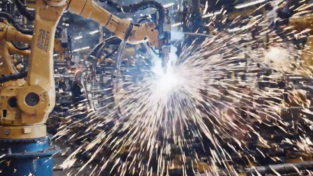 Bracci robotici automatizzati che saldano telai di automobili in uno stabilimento di produzione, catturando l'intensità e la precisione dell'automazione industriale con scintille che volano.