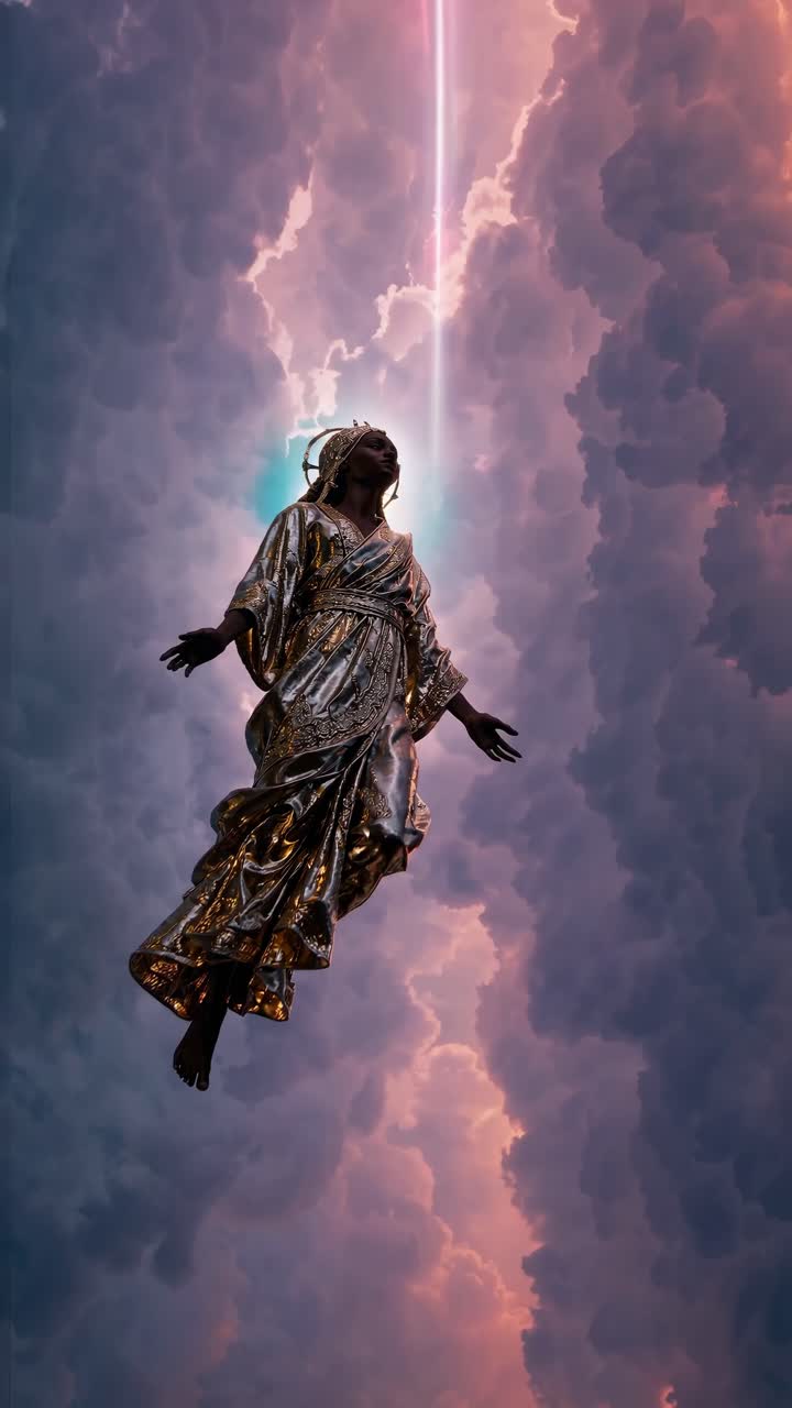 A divine figure ascends into a dramatic sky with golden clouds, captured from a low-angle