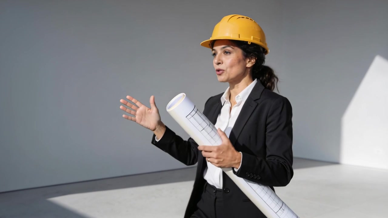 Arquitecto de traje negro entrando por la derecha, con casco amarillo, sosteniendo planos, mostrando la habitación, espacio para texto.