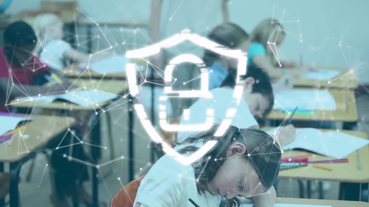 Students writing in classroom with digital network connections overlay animation