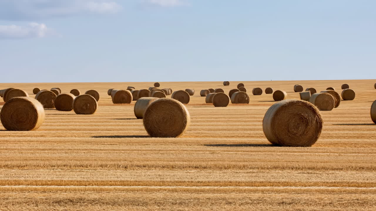 Hay Bales Scattered Across a Golden Field Under Blue Sky