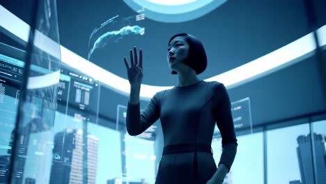woman interacting with futuristic holographic displays in a modern office