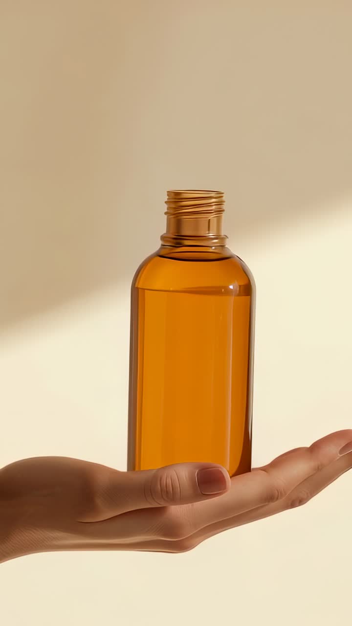 Vertical video: Entering hand presenting amber glass bottle on beige wall, balancing adjustments