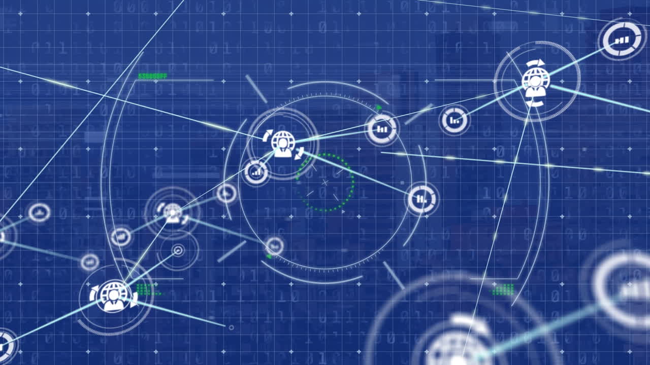 프로필 아이콘과 그래프 네트워크의 애니메이션은 원과 바이너리 코드에 대한 선으로 연결됩니다.