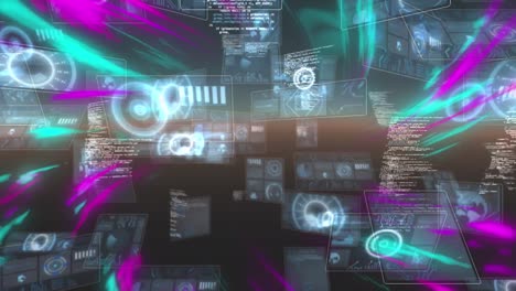 Animation-of-purple-and-green-lights-moving-with-diverse-data-on-screens
