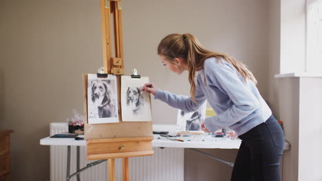 female teenage artist standing at easel drawing picture of dog in charcoal