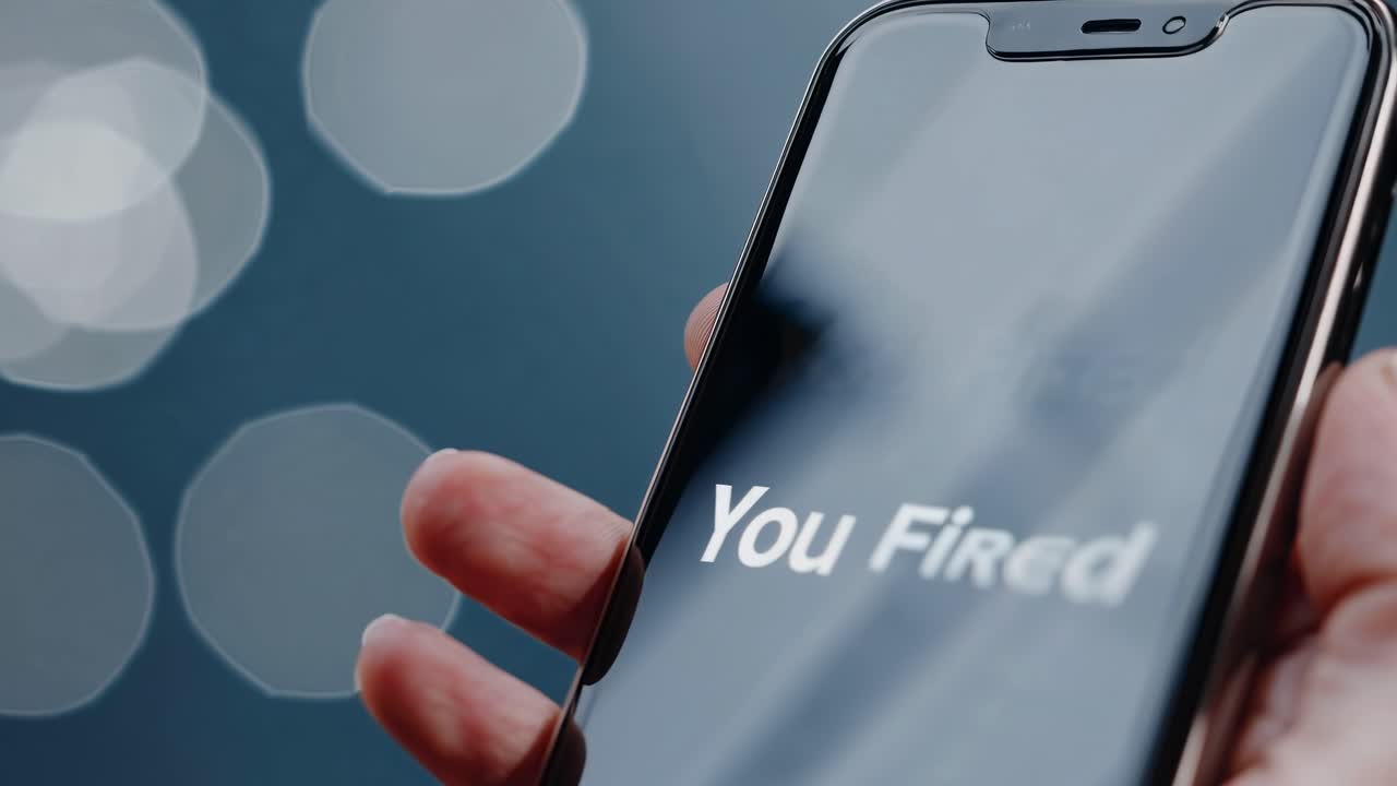 mano con un teléfono inteligente que muestra el mensaje "estás despedido".