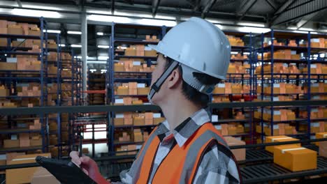 close up side view of asian male engineer with safety helmet standing in the warehouse with shelves full of delivery goods. taking note on the tablet and looking around in the storage