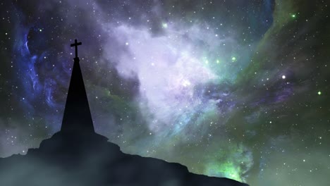 bright stars in the sky and a silhouetted church on a hill