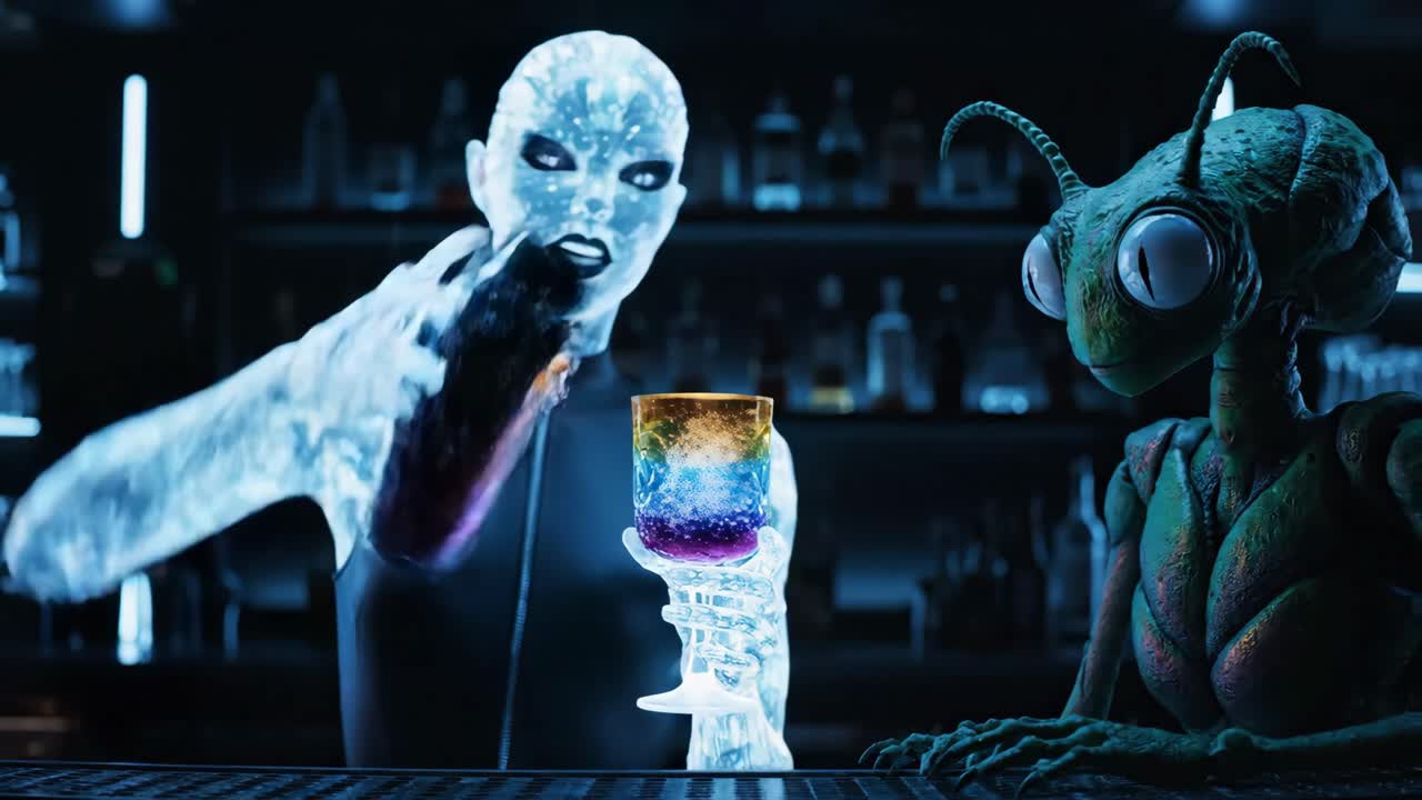 Futuristic Alien Bartender Serving Cocktails