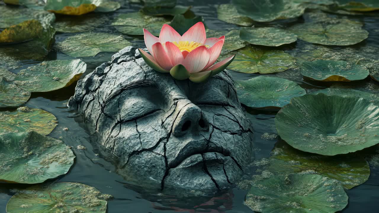 Stone Face Floating in a Pond with Lotus Flower