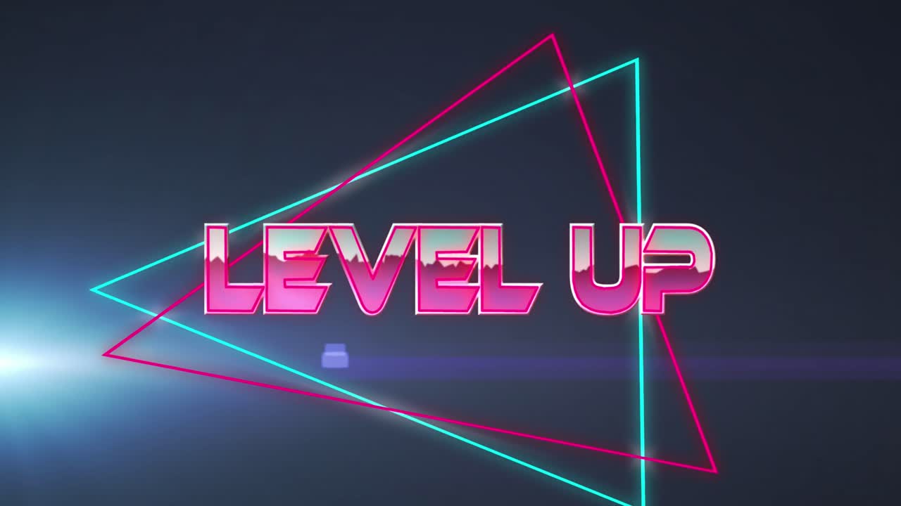 Animation of level up text and graphics on dark background