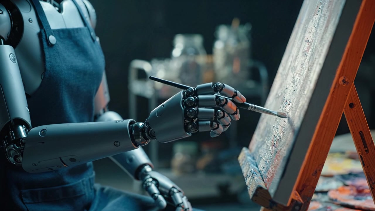 Futurystyczny robot-artysta delikatnie malujący na płótnie z precyzją i kreatywnością, ukazujący integrację technologii i sztuki w czasach współczesnych.