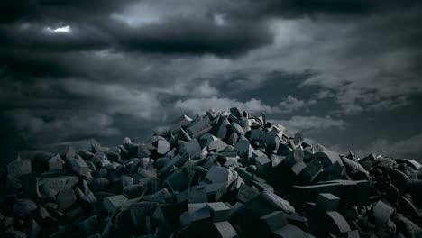 debris rocks against stormy clouds