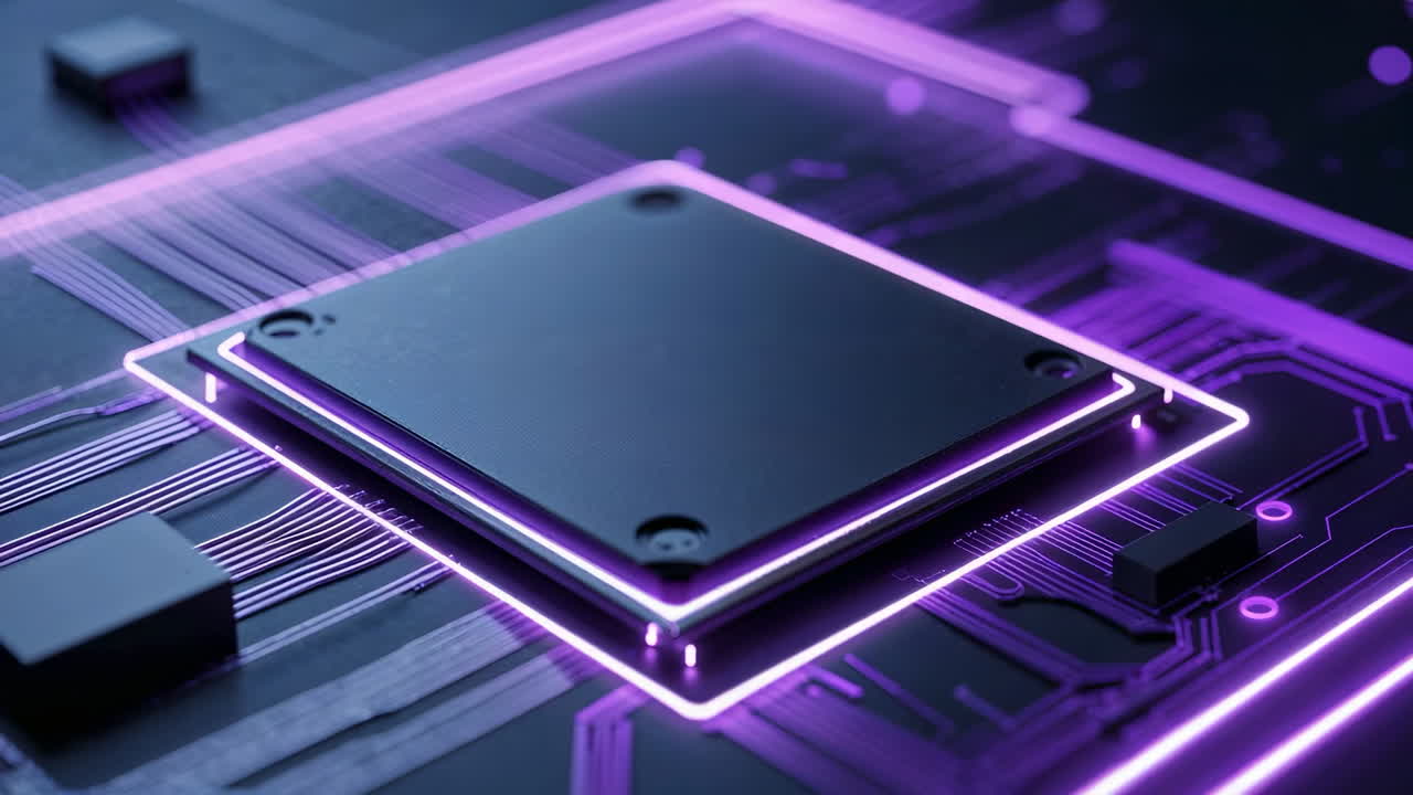 Close-up of a futuristic circuit board with a glowing purple chip