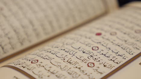 side shot of an opened quran, the focus moves along the opened page while the camera moves