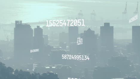 animation of multiple changing numbers against aerial view of cityscape