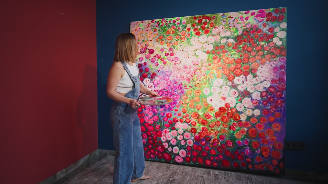 Artista donna che dipinge una grande tela floreale colorata nel suo studio
