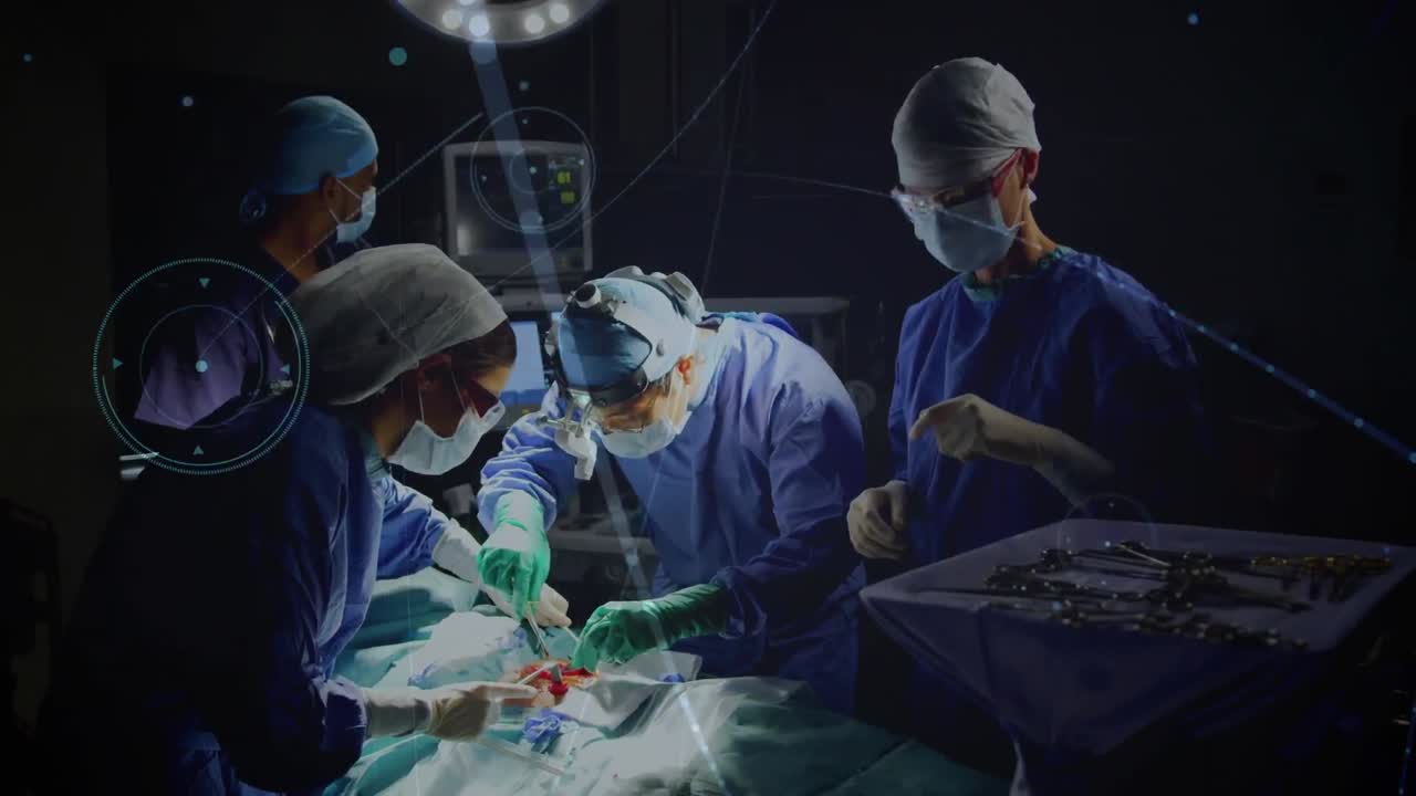 수술실의 외과 의사들 간의 연결 네트워크의 애니메이션