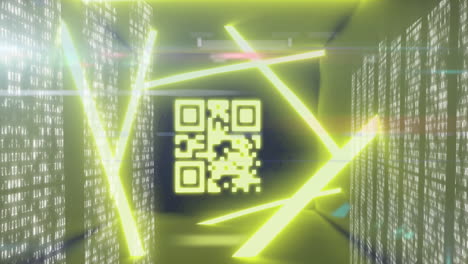 Animation of qr code over neon shapes and moving columns on black background