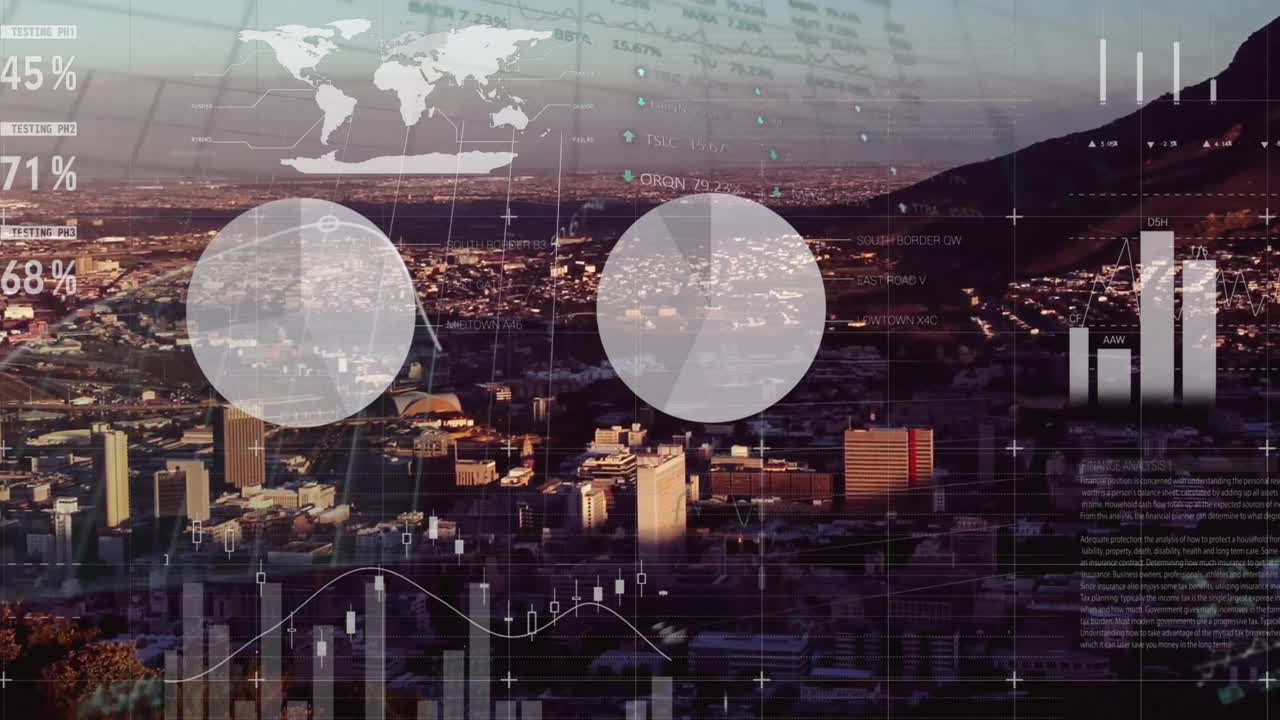 Animação de processamento de dados financeiros sobre a paisagem urbana