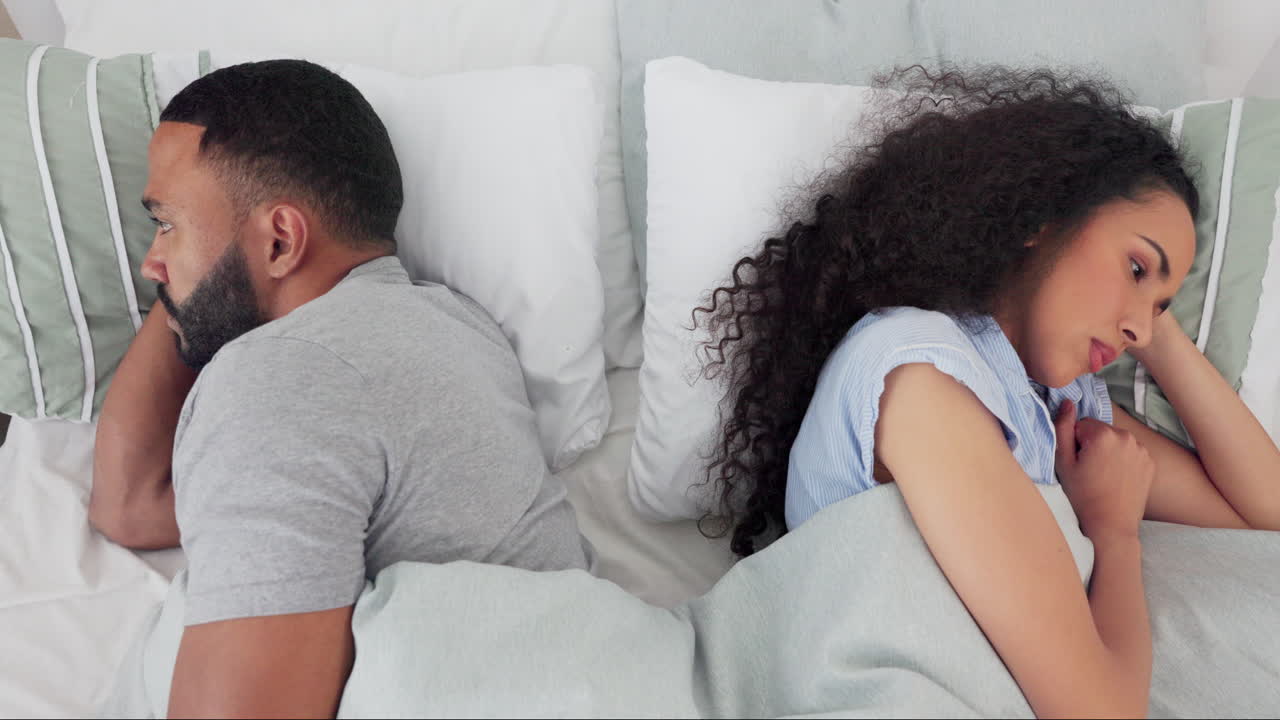 Angry, ignore and fight with couple in bedroom