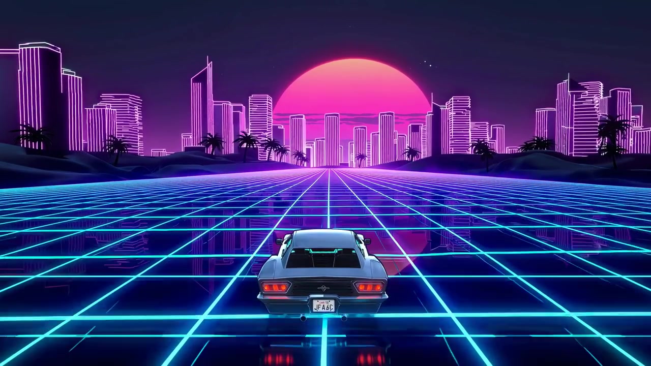 Auto Retro Synthwave che Guida Verso una Città Neon Futuristica