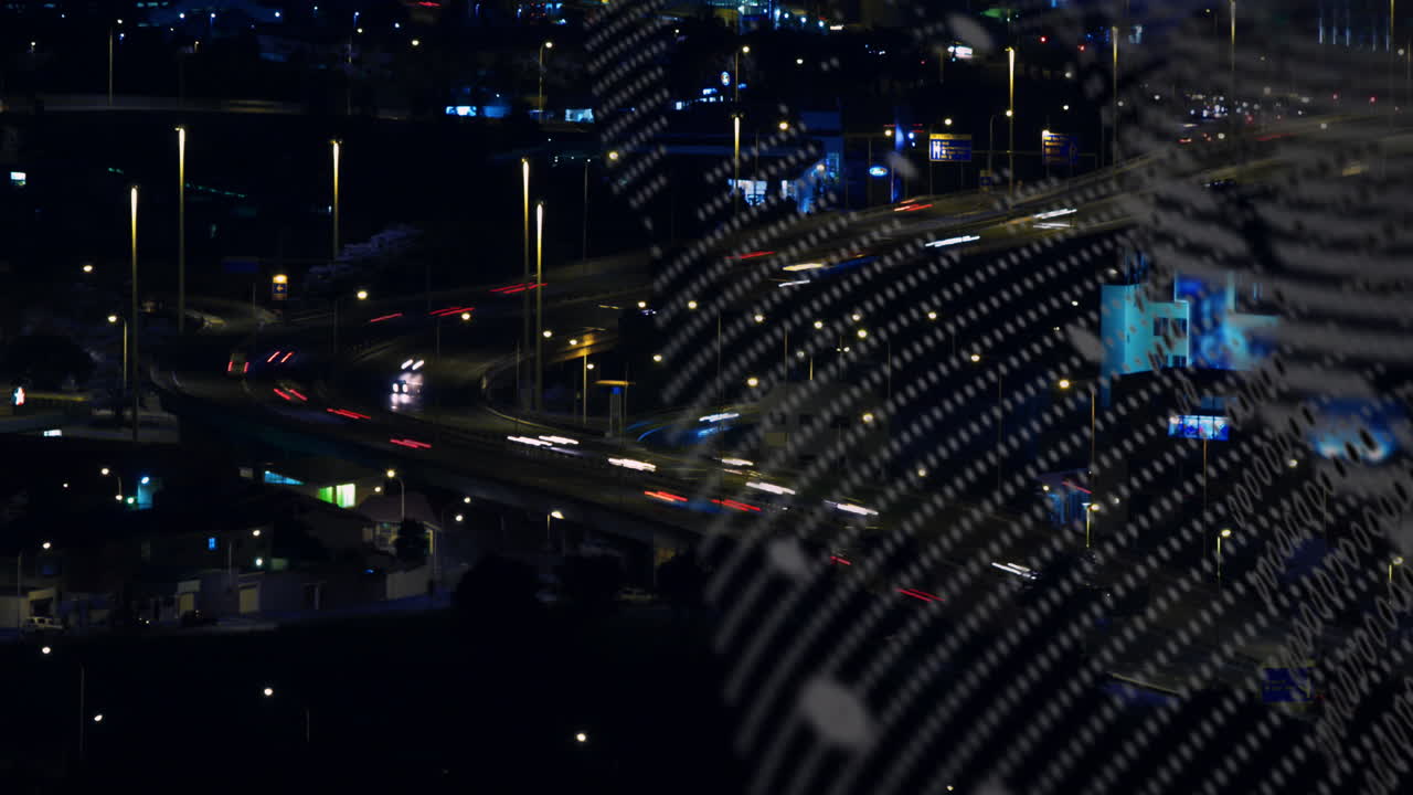 Animation of financial data processing over cityscape