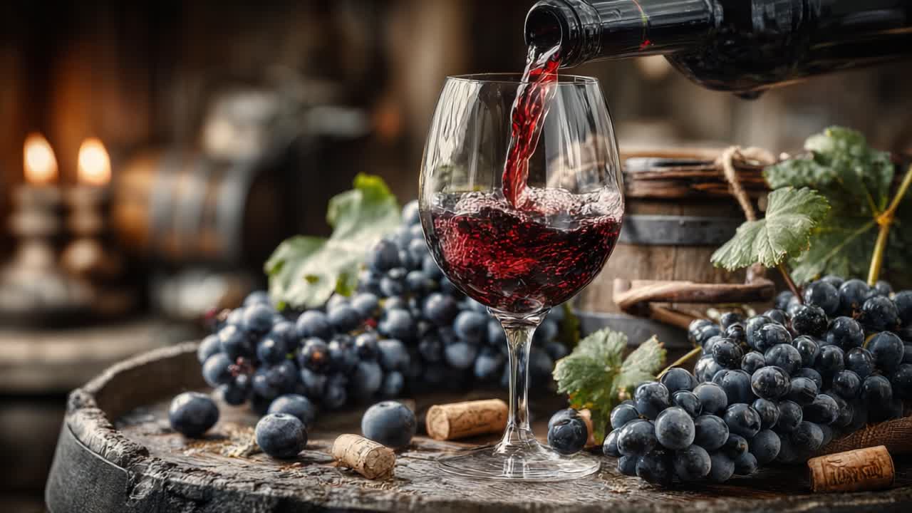 Una scena accattivante di vino rosso versato in un bicchiere circondato da uva fresca e tappi di sughero, che crea un'atmosfera rustica e invitante per gli appassionati di vino.