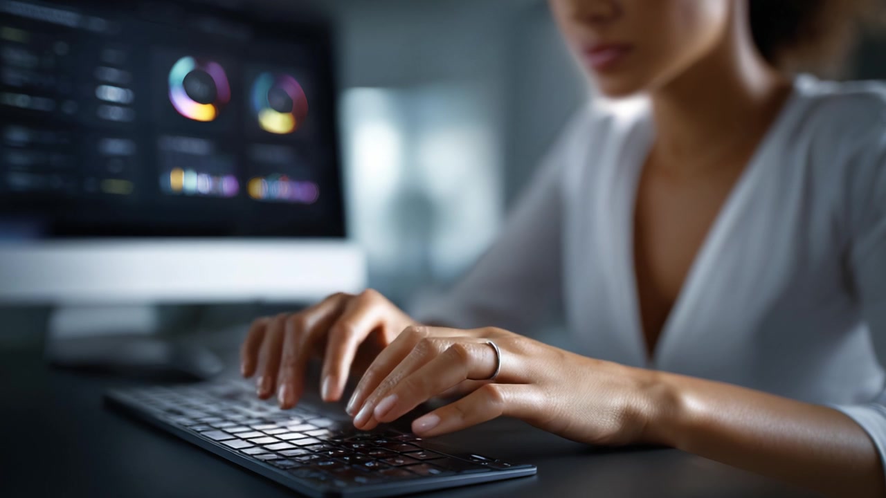 Focused Individual Engaged in Data Analysis at Computer Workstation with Visible Graphs and Metrics on Screen, Showcasing Professional Environment and Technology Use