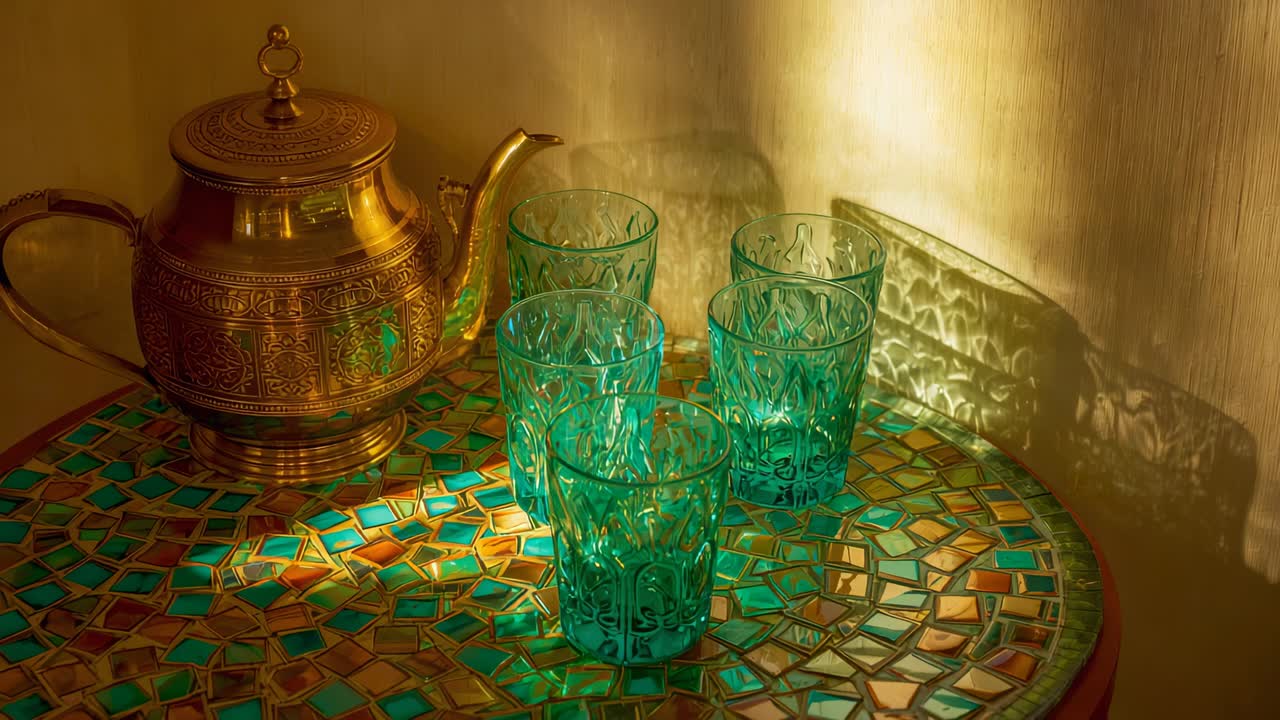 Luz solar cambiante entrando por la derecha, proyectando un color verde azulado, con tetera de latón y cinco vasos en una mesa de mosaico.