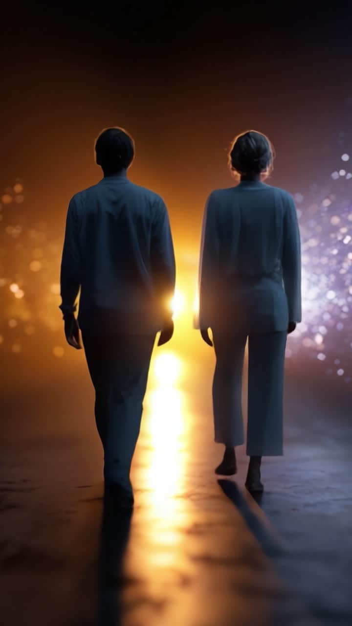 A couple walks hand-in-hand towards a radiant light source, surrounded by a mesmerizing backdrop that sparkles with colorful bokeh and ethereal beauty