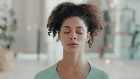 yoga, woman breathe and home of a young mixed race