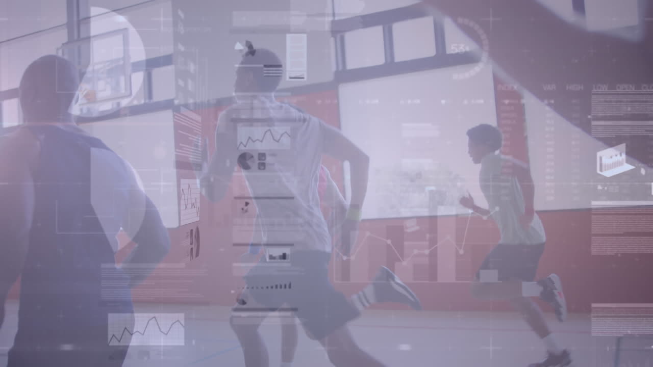 체육관에서 다양한 남성 농구 선수 그룹에 대한 금융 데이터 처리 애니메이션