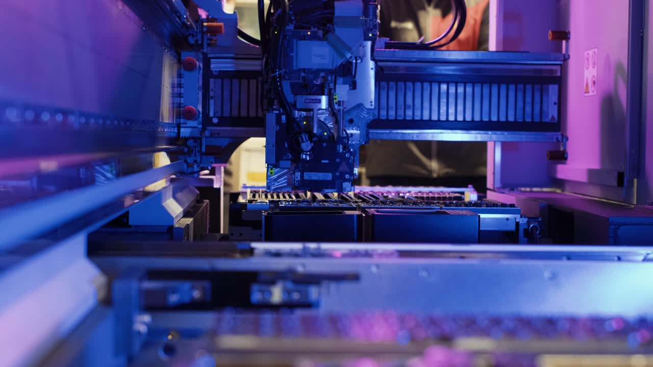 Factory Machine At Work: Printed Circuit Board Assembled With Automatic Robotic Arm, Surface Mount Technology Connecting Microchips To The Motherboard