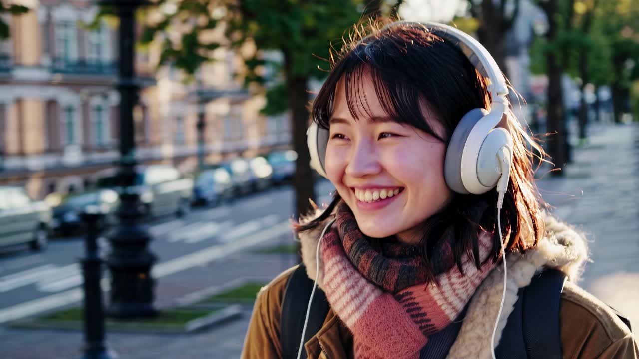 A candid street-level video shot of a smiling woman with headphones, enjoying music on a sunny day