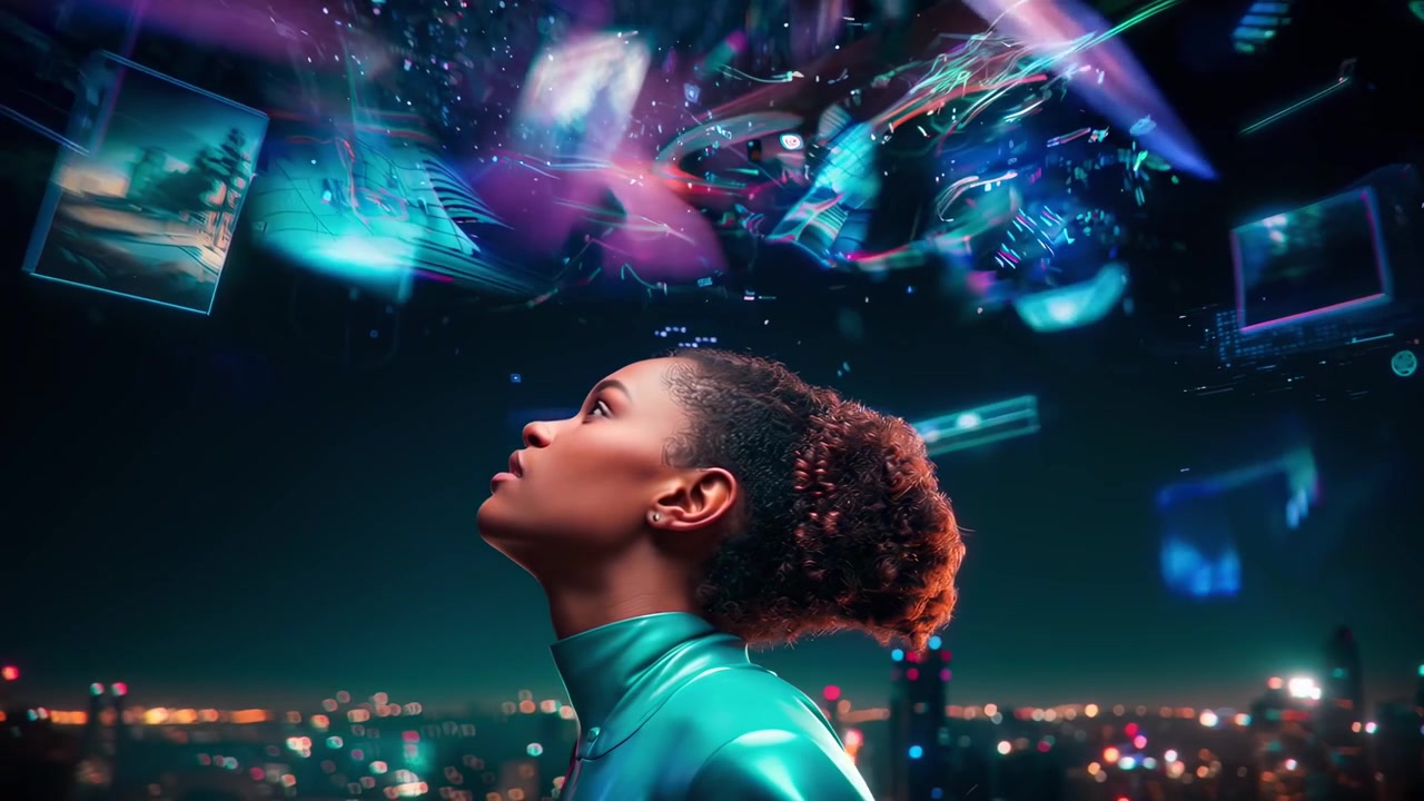Futuristic Woman Immersed in Virtual Data and Holographic Screens