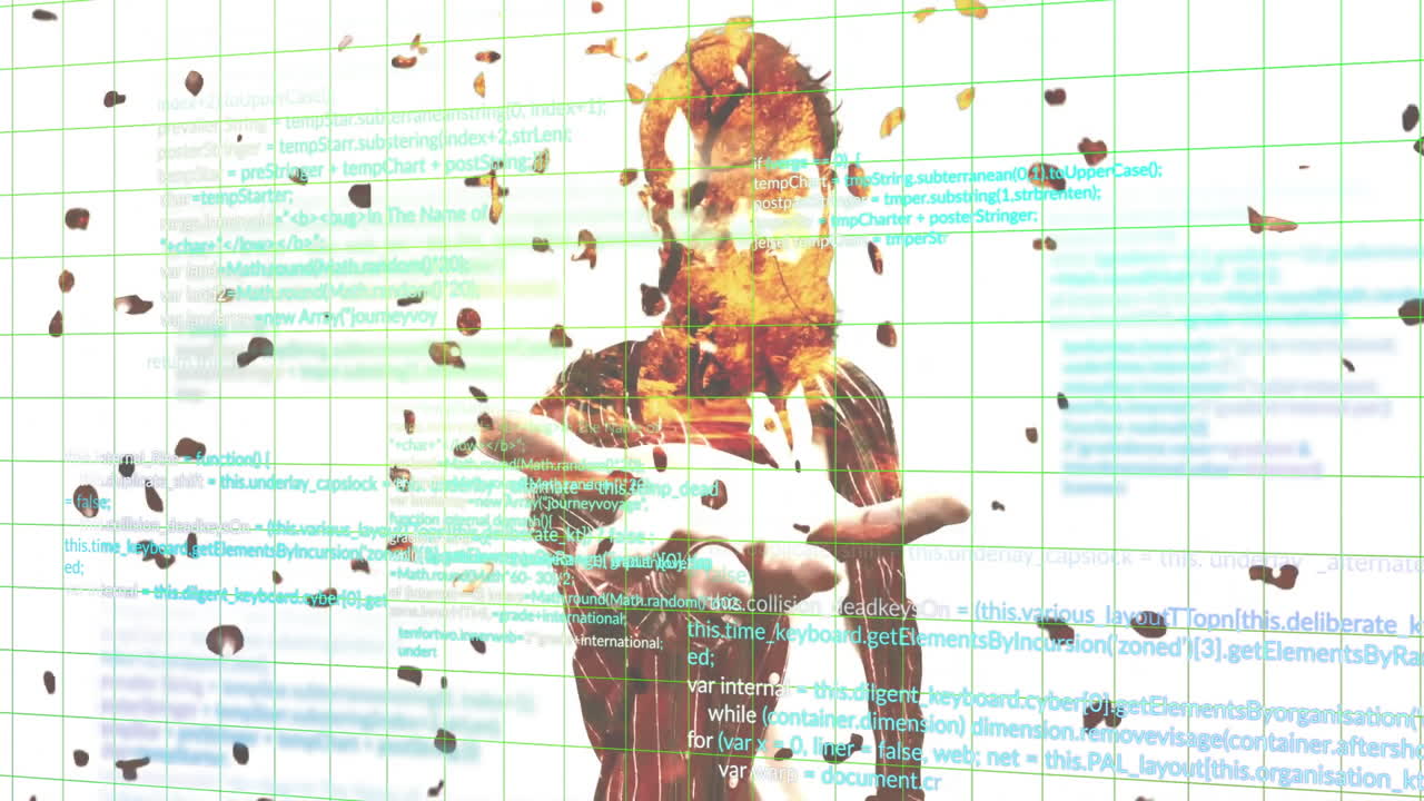 Digital animation of human figure with fiery effect over abstract grid background