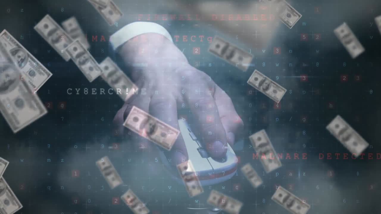 컴퓨터 마우스를 사용하는 사람과 떨어지는 지폐에 대한 데이터 처리 애니메이션